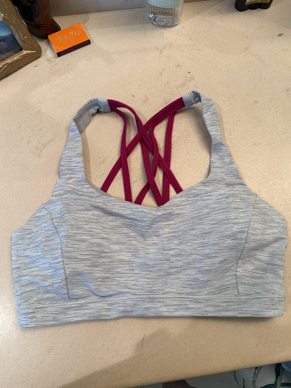 lululemon athletica Light Heather Gray Sports Bra with Magenta Crisscross Straps